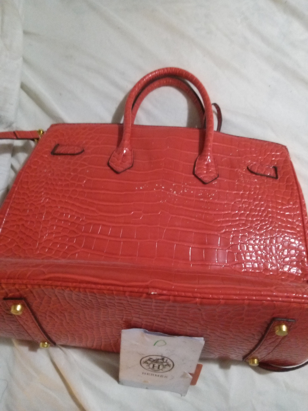Hermes Red Croc-Embossed Top-Handle Tote - Picture 3 of 7